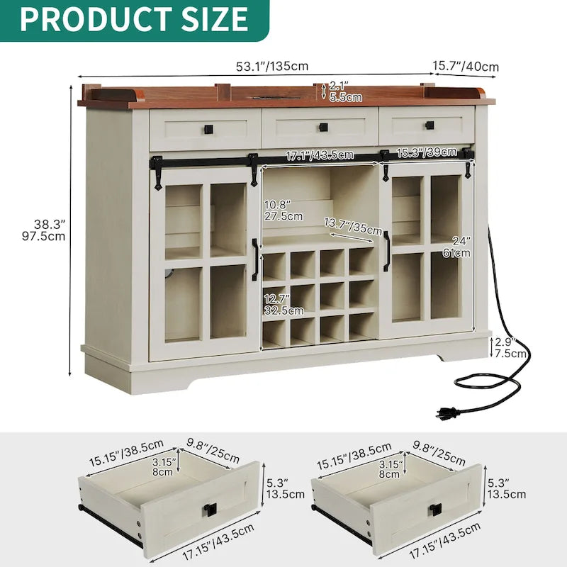 Credenza scorrevole in stile rustico con portabottiglie e stazione di ricarica
