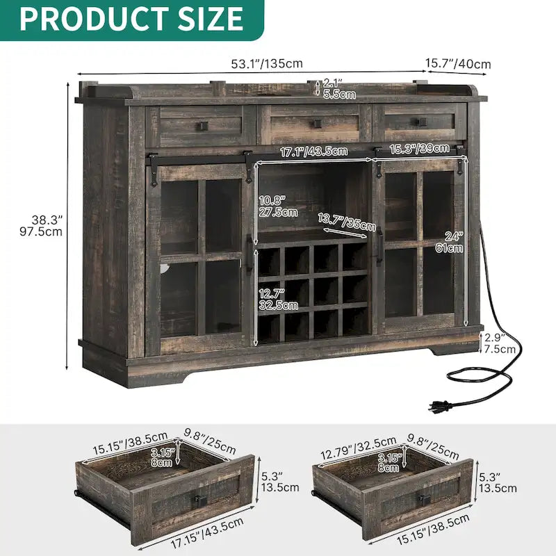 Credenza scorrevole in stile rustico con portabottiglie e stazione di ricarica