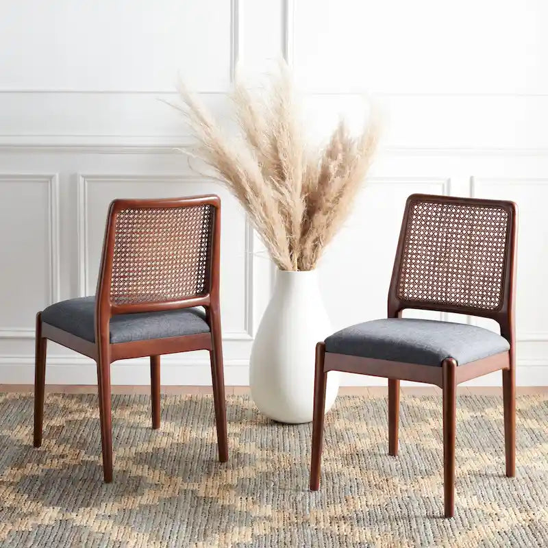 Sedie da Pranzo in Rattan Naturale con Cuscino – Set da 2, Struttura in Legno Nero, Stile Costiero