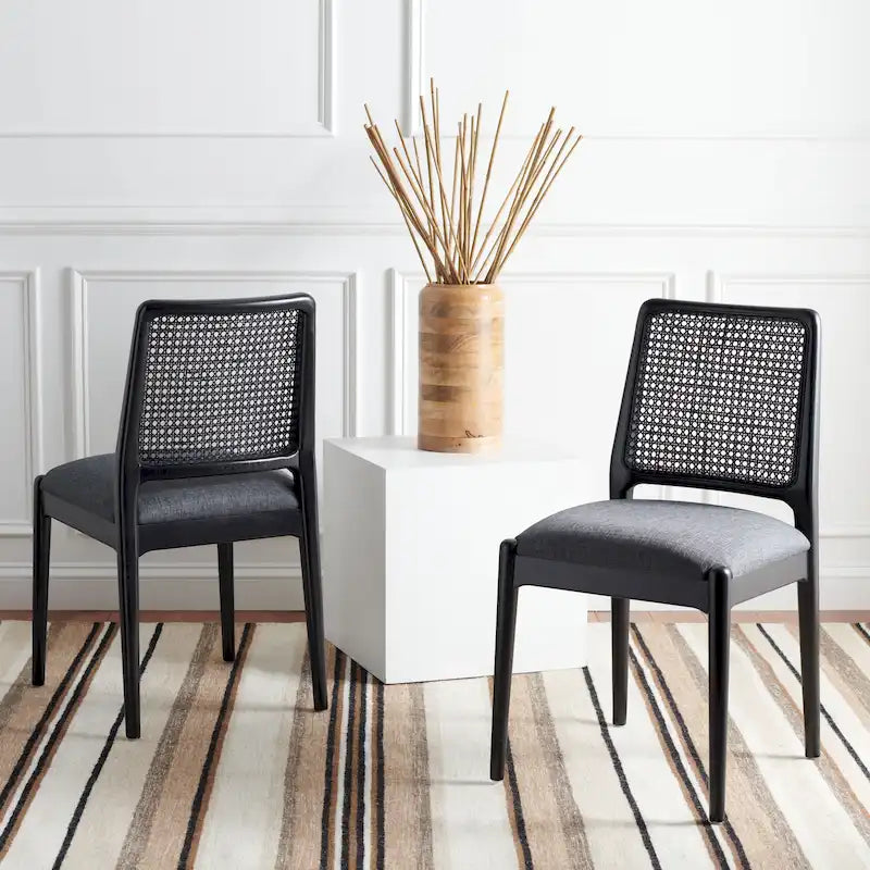 Sedie da Pranzo in Rattan Naturale con Cuscino – Set da 2, Struttura in Legno Nero, Stile Costiero