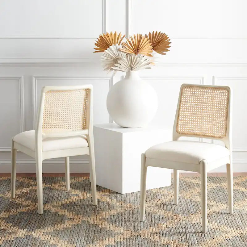 Sedie da Pranzo in Rattan Naturale con Cuscino – Set da 2, Struttura in Legno Nero, Stile Costiero