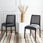 Sedie da Pranzo in Rattan Naturale con Cuscino – Set da 2, Struttura in Legno Nero, Stile Costiero