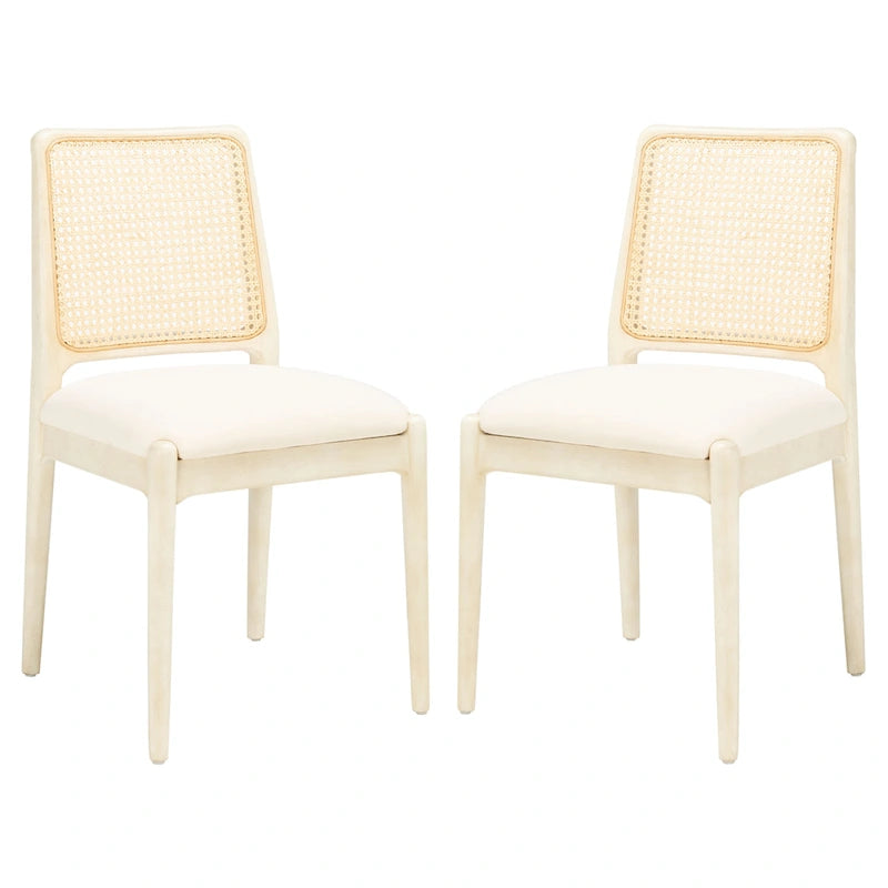 Sedie da Pranzo in Rattan Naturale con Cuscino – Set da 2, Struttura in Legno Nero, Stile Costiero