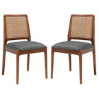 Sedie da Pranzo in Rattan Naturale con Cuscino – Set da 2, Struttura in Legno Nero, Stile Costiero