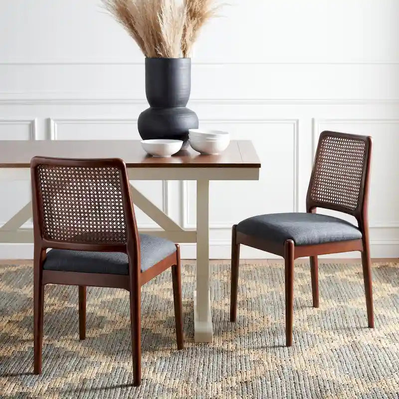 Sedie da Pranzo in Rattan Naturale con Cuscino – Set da 2, Struttura in Legno Nero, Stile Costiero