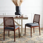 Sedie da Pranzo in Rattan Naturale con Cuscino – Set da 2, Struttura in Legno Nero, Stile Costiero