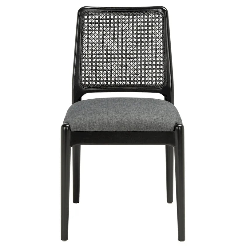 Sedie da Pranzo in Rattan Naturale con Cuscino – Set da 2, Struttura in Legno Nero, Stile Costiero