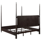 Letto a baldacchino queen-size con testiera fluttuante e pediera bassa, struttura in legno marrone per camera da letto