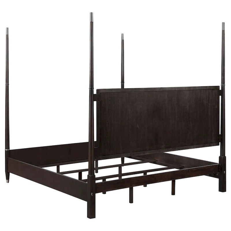 Letto a baldacchino queen-size con testiera fluttuante e pediera bassa, struttura in legno marrone per camera da letto