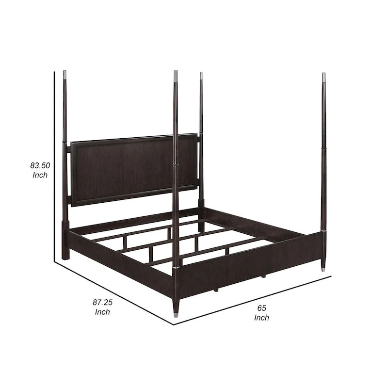 Letto a baldacchino queen-size con testiera fluttuante e pediera bassa, struttura in legno marrone per camera da letto