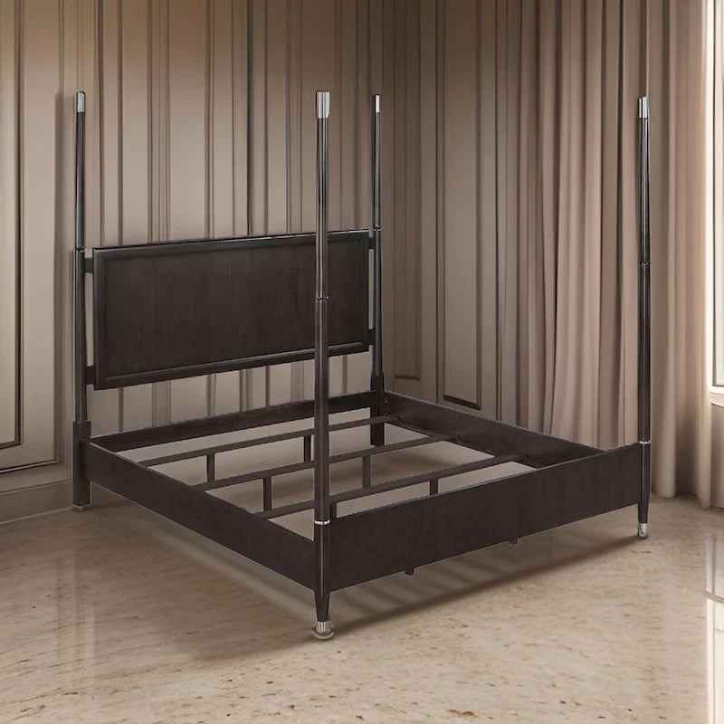 Letto a baldacchino queen-size con testiera fluttuante e pediera bassa, struttura in legno marrone per camera da letto