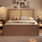 Letto matrimoniale in legno con contenitore, 4 cassetti e testiera in rattan