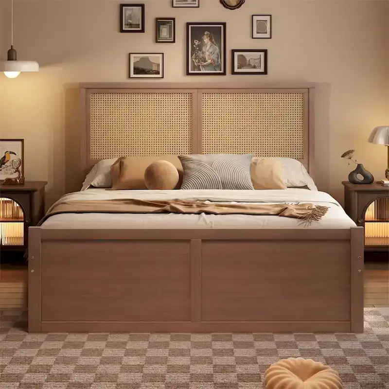 Letto matrimoniale in legno con contenitore, 4 cassetti e testiera in rattan