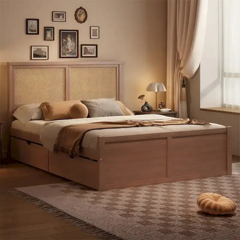 Letto matrimoniale in legno con contenitore, 4 cassetti e testiera in rattan