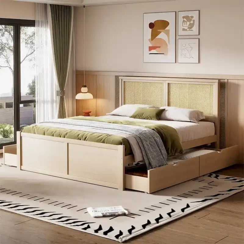 Letto matrimoniale in legno con contenitore, 4 cassetti e testiera in rattan