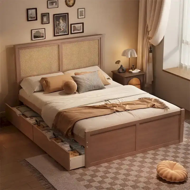 Letto matrimoniale in legno con contenitore, 4 cassetti e testiera in rattan