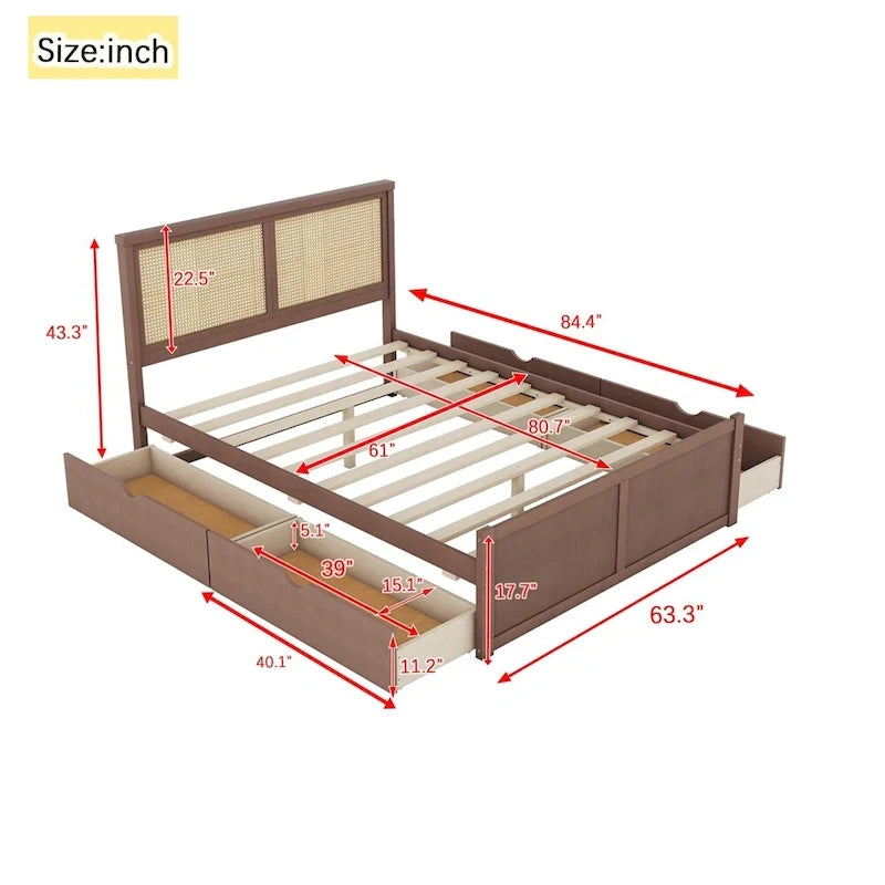 Letto matrimoniale in legno con contenitore, 4 cassetti e testiera in rattan