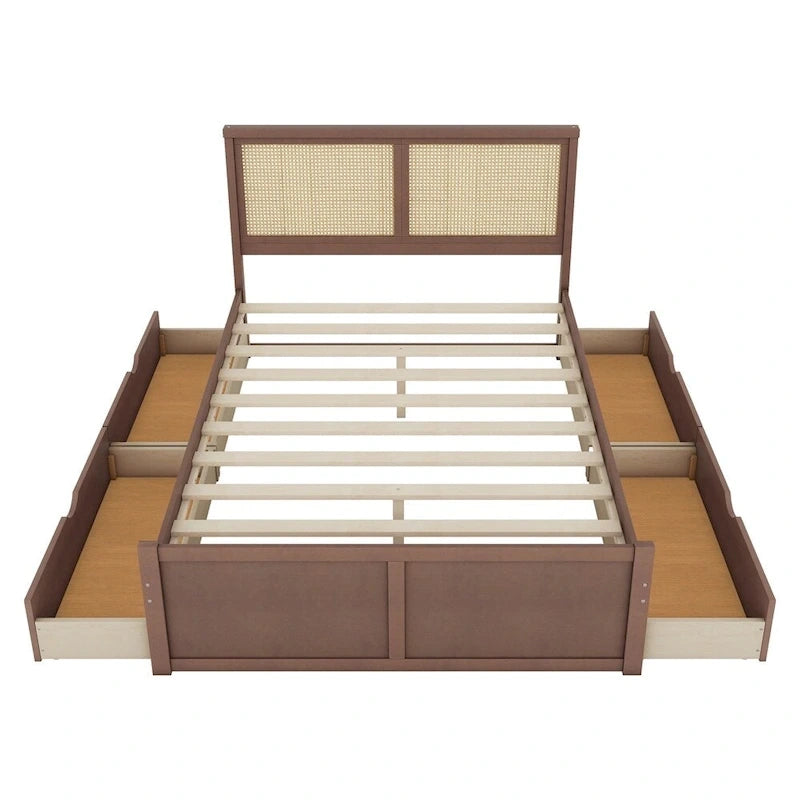 Letto matrimoniale in legno con contenitore, 4 cassetti e testiera in rattan