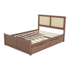 Letto matrimoniale in legno con contenitore, 4 cassetti e testiera in rattan