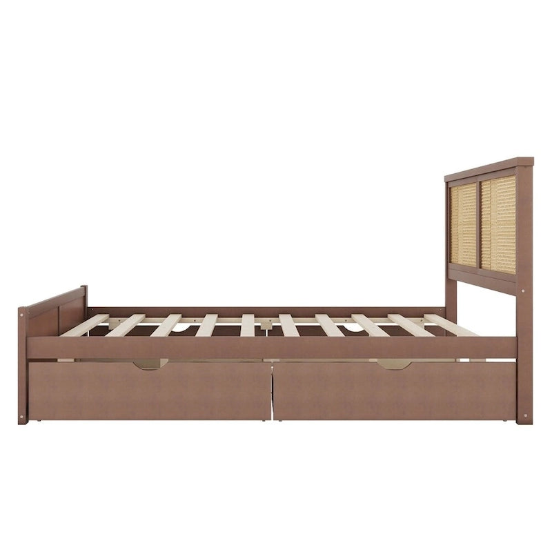 Letto matrimoniale in legno con contenitore, 4 cassetti e testiera in rattan