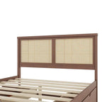 Letto matrimoniale in legno con contenitore, 4 cassetti e testiera in rattan
