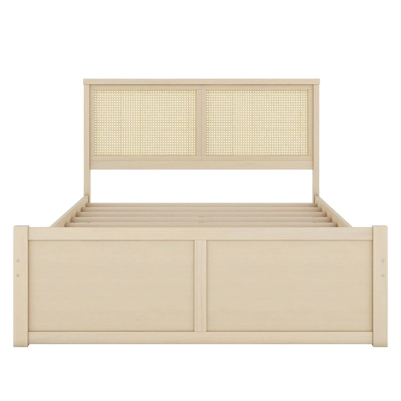 Letto matrimoniale in legno con contenitore, 4 cassetti e testiera in rattan