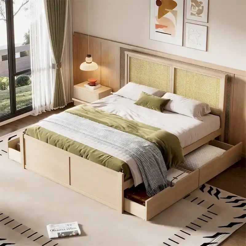 Letto matrimoniale in legno con contenitore, 4 cassetti e testiera in rattan