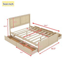 Letto matrimoniale in legno con contenitore, 4 cassetti e testiera in rattan