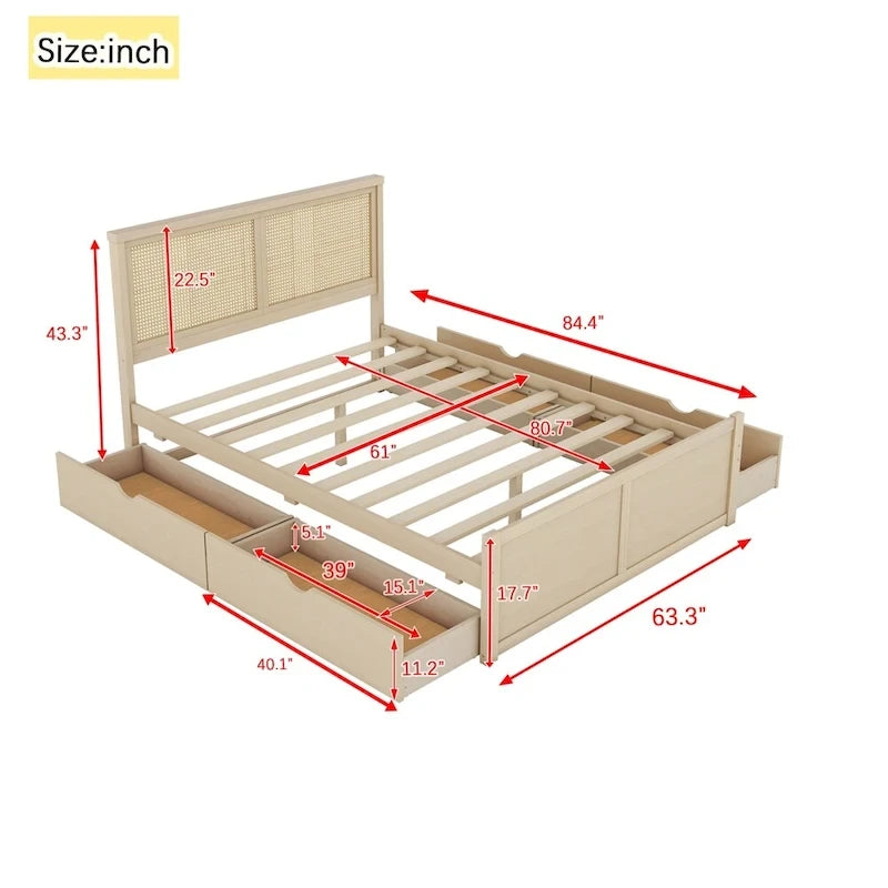 Letto matrimoniale in legno con contenitore, 4 cassetti e testiera in rattan