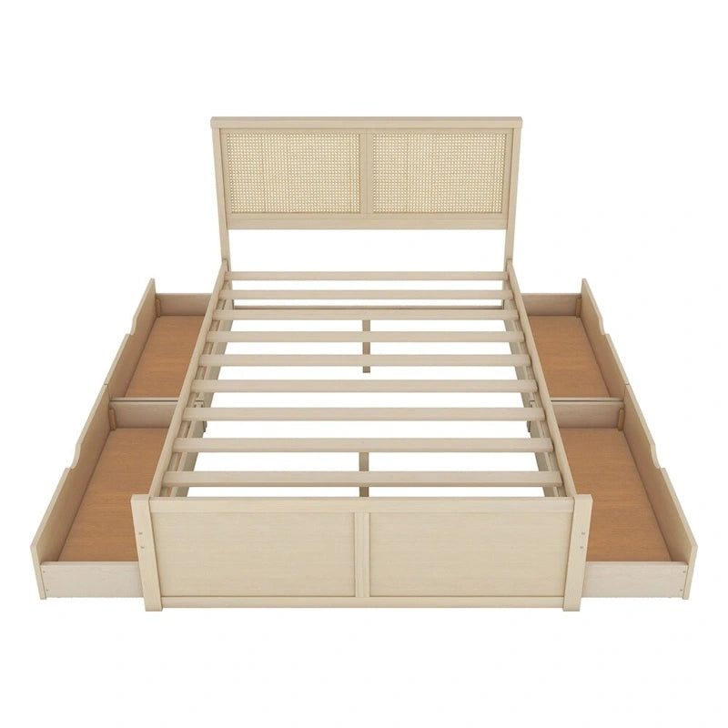 Letto matrimoniale in legno con contenitore, 4 cassetti e testiera in rattan