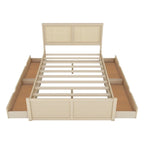 Letto matrimoniale in legno con contenitore, 4 cassetti e testiera in rattan