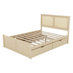 Letto matrimoniale in legno con contenitore, 4 cassetti e testiera in rattan