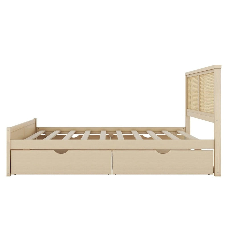 Letto matrimoniale in legno con contenitore, 4 cassetti e testiera in rattan
