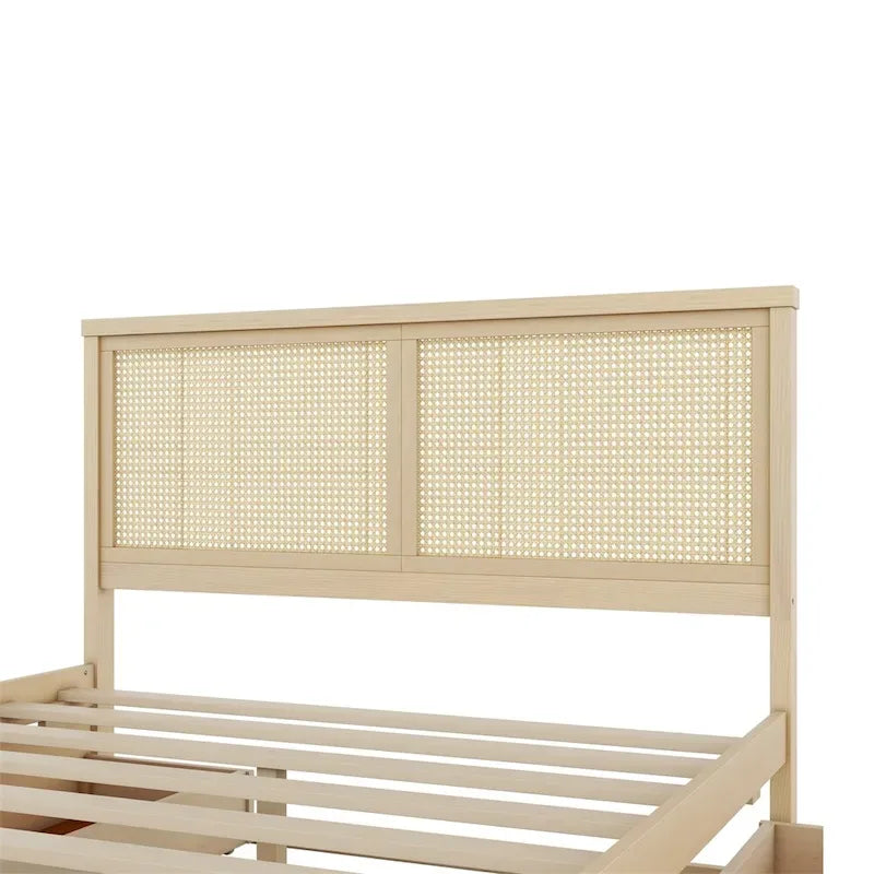 Letto matrimoniale in legno con contenitore, 4 cassetti e testiera in rattan