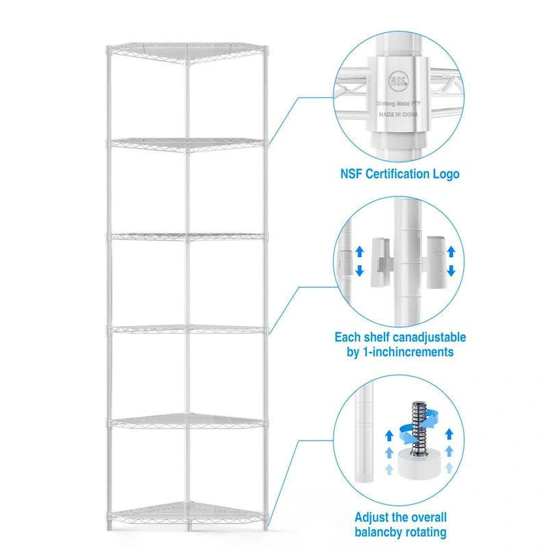 Scaffale a 6 ripiani resistente per angolo, autoportante, per esposizione e stoccaggio