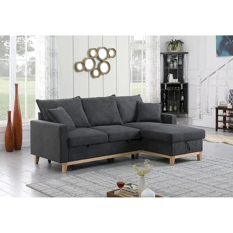 Divano letto sezionale reversibile in tessuto grigio scuro con chaise longue contenitore e letto estraibile
