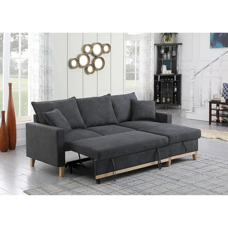 Divano letto sezionale reversibile in tessuto grigio scuro con chaise longue contenitore e letto estraibile