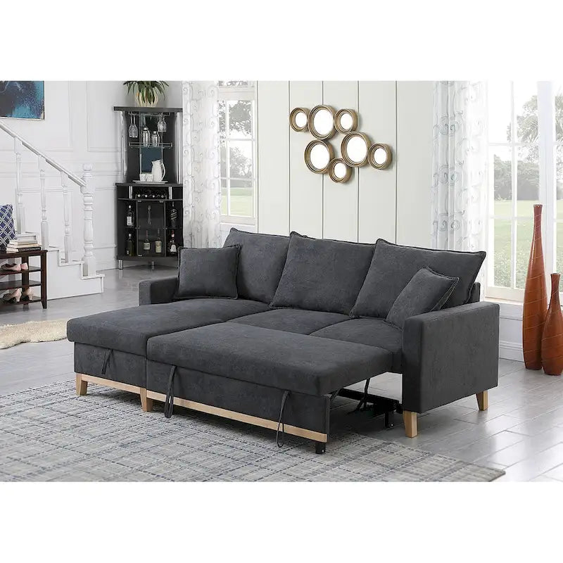 Divano letto sezionale reversibile in tessuto grigio scuro con chaise longue contenitore e letto estraibile