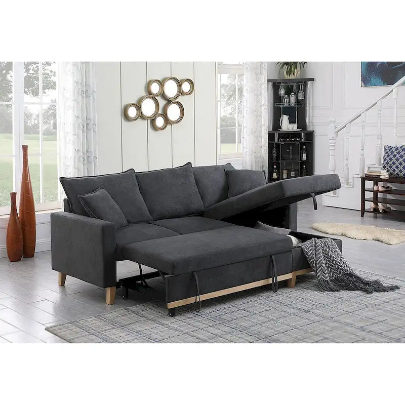Divano letto sezionale reversibile in tessuto grigio scuro con chaise longue contenitore e letto estraibile