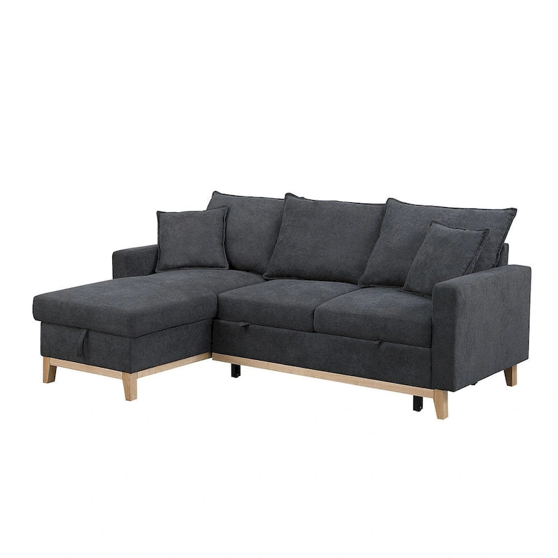 Divano letto sezionale reversibile in tessuto grigio scuro con chaise longue contenitore e letto estraibile