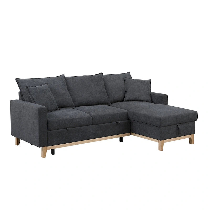 Divano letto sezionale reversibile in tessuto grigio scuro con chaise longue contenitore e letto estraibile