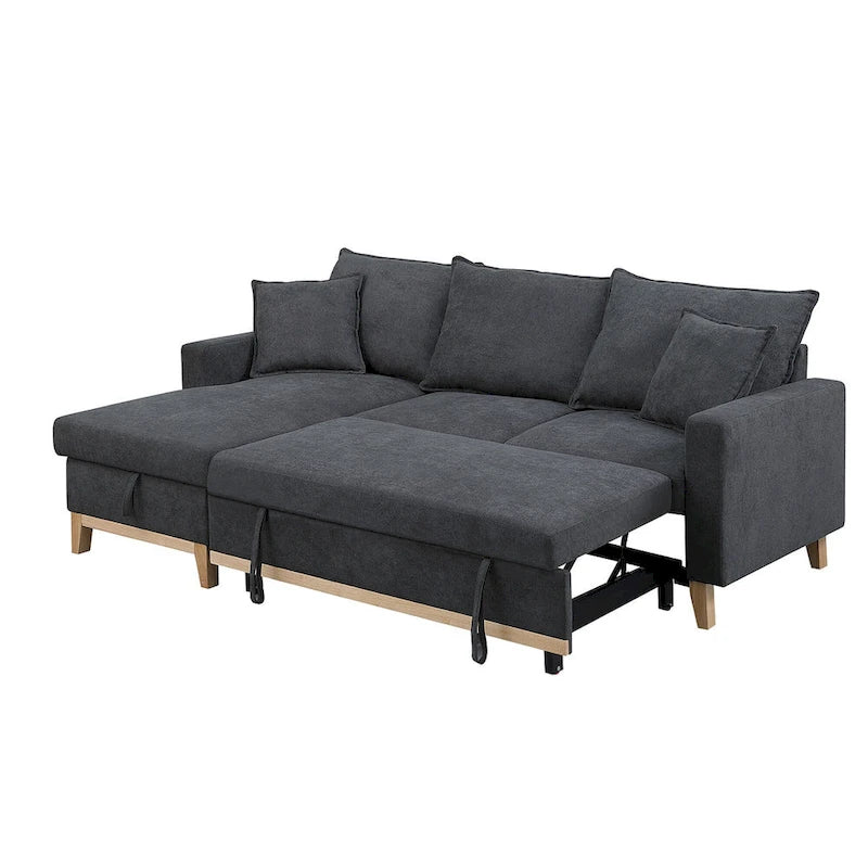Divano letto sezionale reversibile in tessuto grigio scuro con chaise longue contenitore e letto estraibile