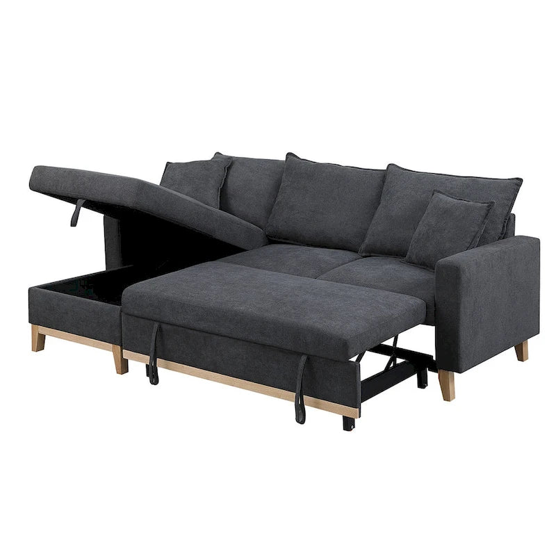 Divano letto sezionale reversibile in tessuto grigio scuro con chaise longue contenitore e letto estraibile