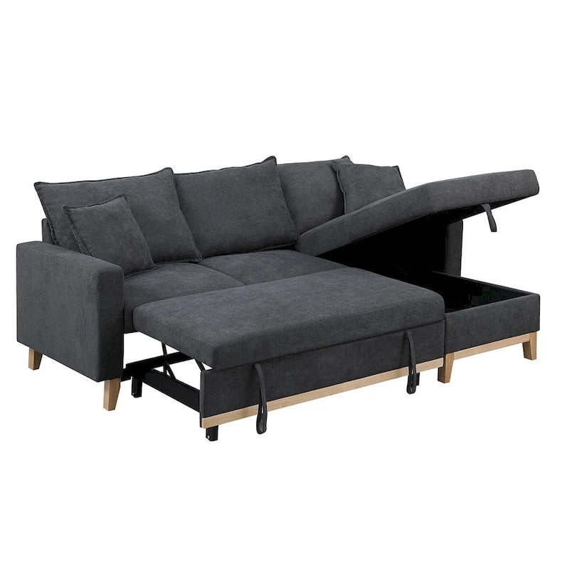 Divano letto sezionale reversibile in tessuto grigio scuro con chaise longue contenitore e letto estraibile