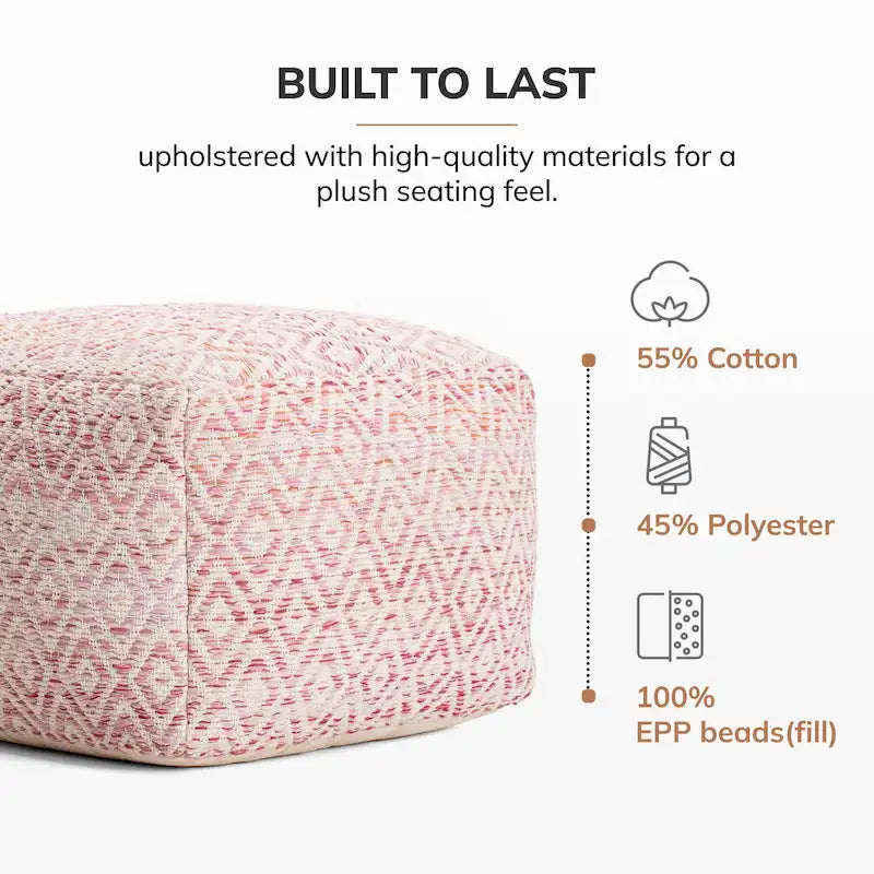 Pouf ottomano quadrato marrone Jani Rhombus 22 pollici - Poggiapiedi fatto a mano per soggiorno, camera da letto, cameretta, stanza dei bambini