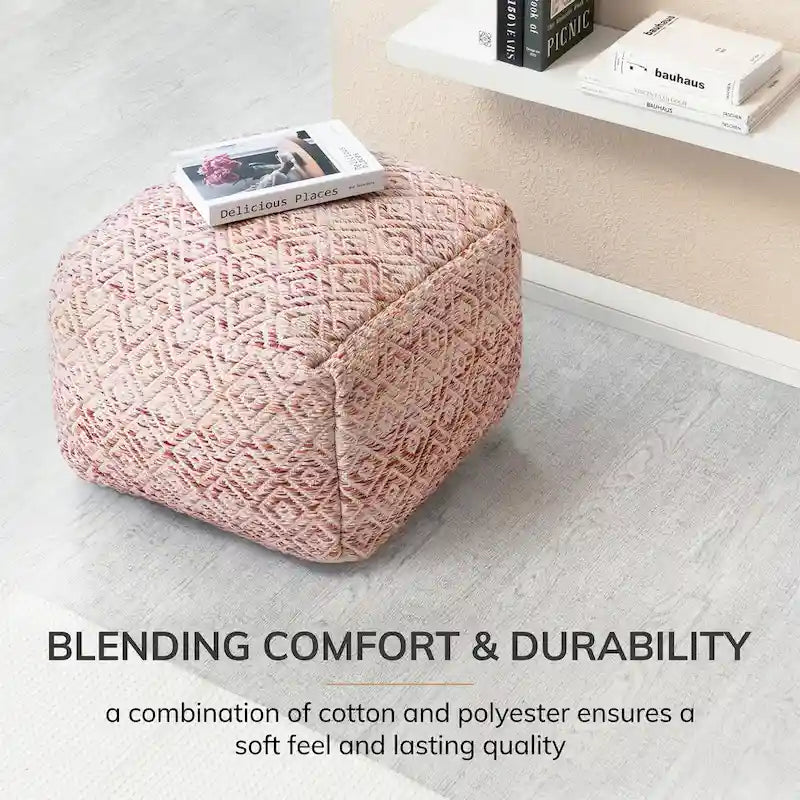 Pouf ottomano quadrato marrone Jani Rhombus 22 pollici - Poggiapiedi fatto a mano per soggiorno, camera da letto, cameretta, stanza dei bambini
