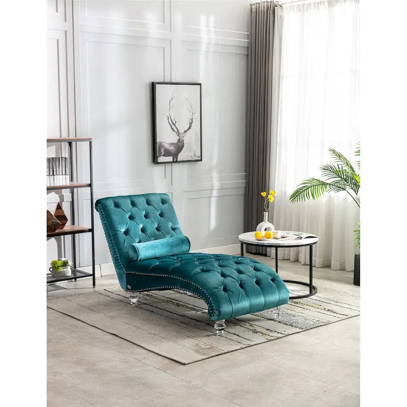 Divano-Chaise Lounge Contemporaneo in Velluto con Gambe in Acrilico e Cuscino Lombare