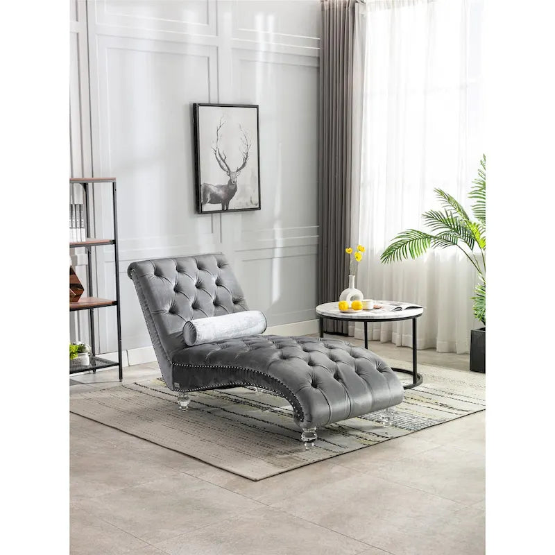 Divano-Chaise Lounge Contemporaneo in Velluto con Gambe in Acrilico e Cuscino Lombare