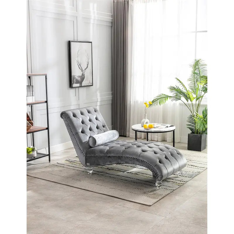 Divano-Chaise Lounge Contemporaneo in Velluto con Gambe in Acrilico e Cuscino Lombare