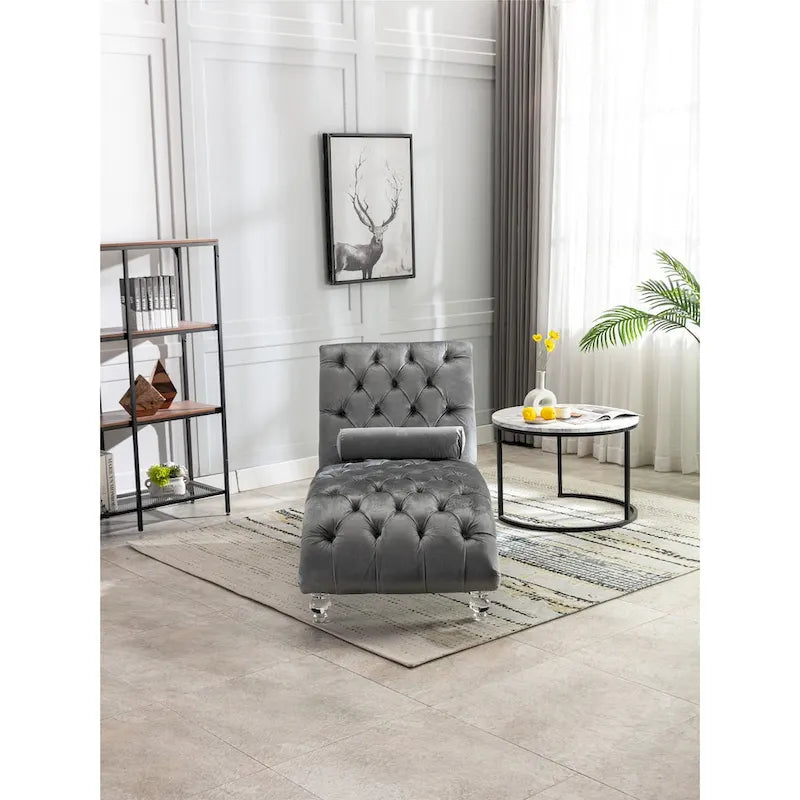 Divano-Chaise Lounge Contemporaneo in Velluto con Gambe in Acrilico e Cuscino Lombare